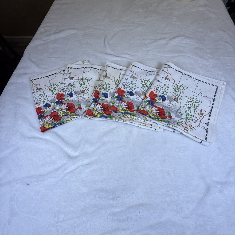Vintage Vony France Tea Towels Set of 5 Floral Map Kitchen Linens MCM Decor